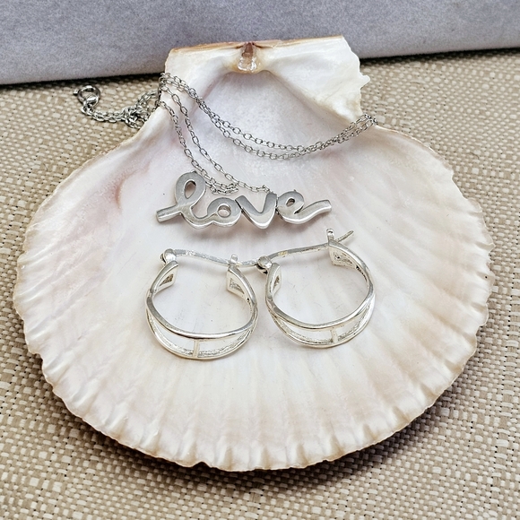 SET! 925 Silver Cursive Love Pendant with 925 Silver Hoop Earrings SET! - Picture 12 of 16